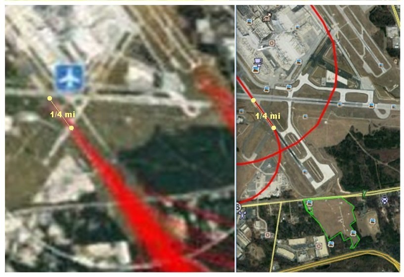 (Above) Jets become airborne at mid-runway (NextGen2 image left) allowing 1/4 mile to gain altitude before loop turn begins.